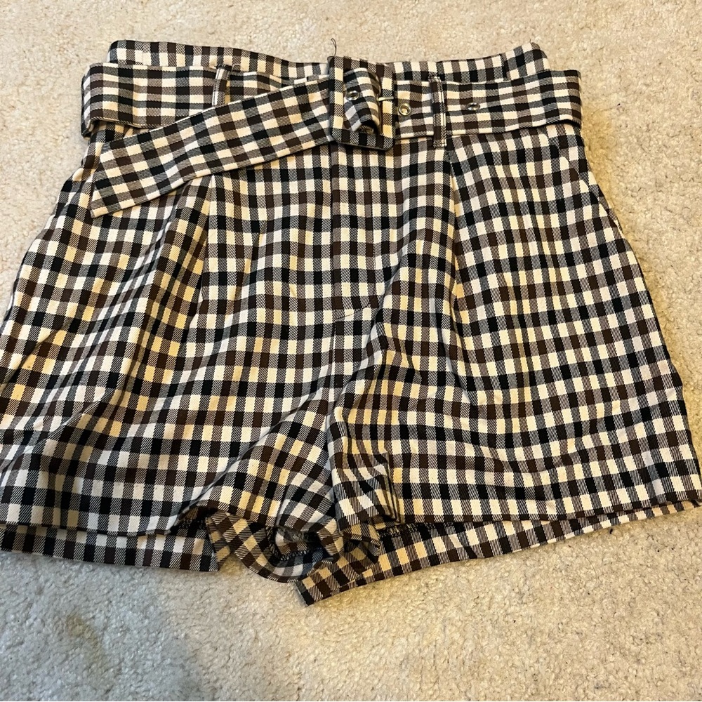 Forever 21 Black & White Gingham High-Waist Belted Shorts